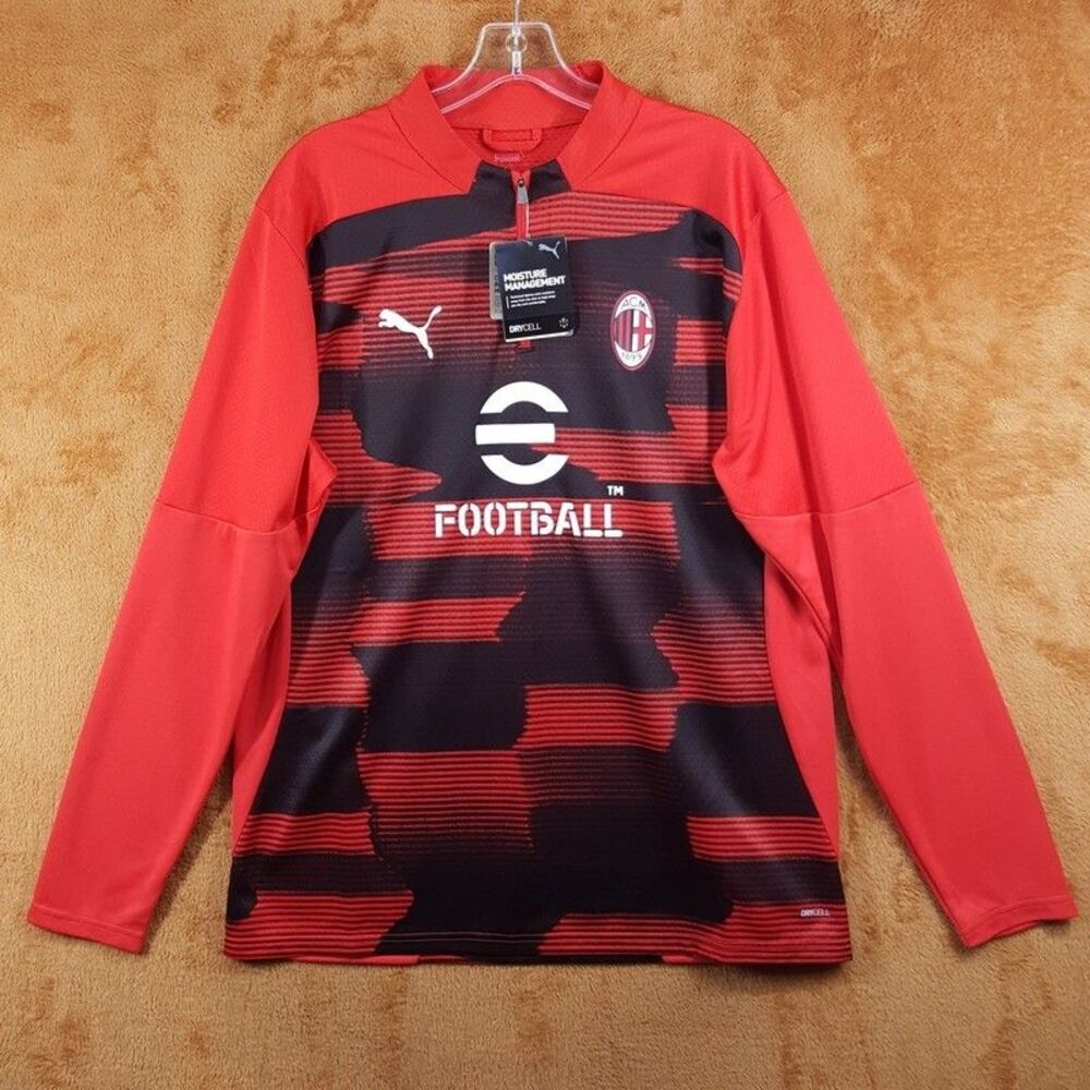 Puma Mens Shirt Large Red AC Milan 1/4 Zip Prematch Stretch Top Football Soccer